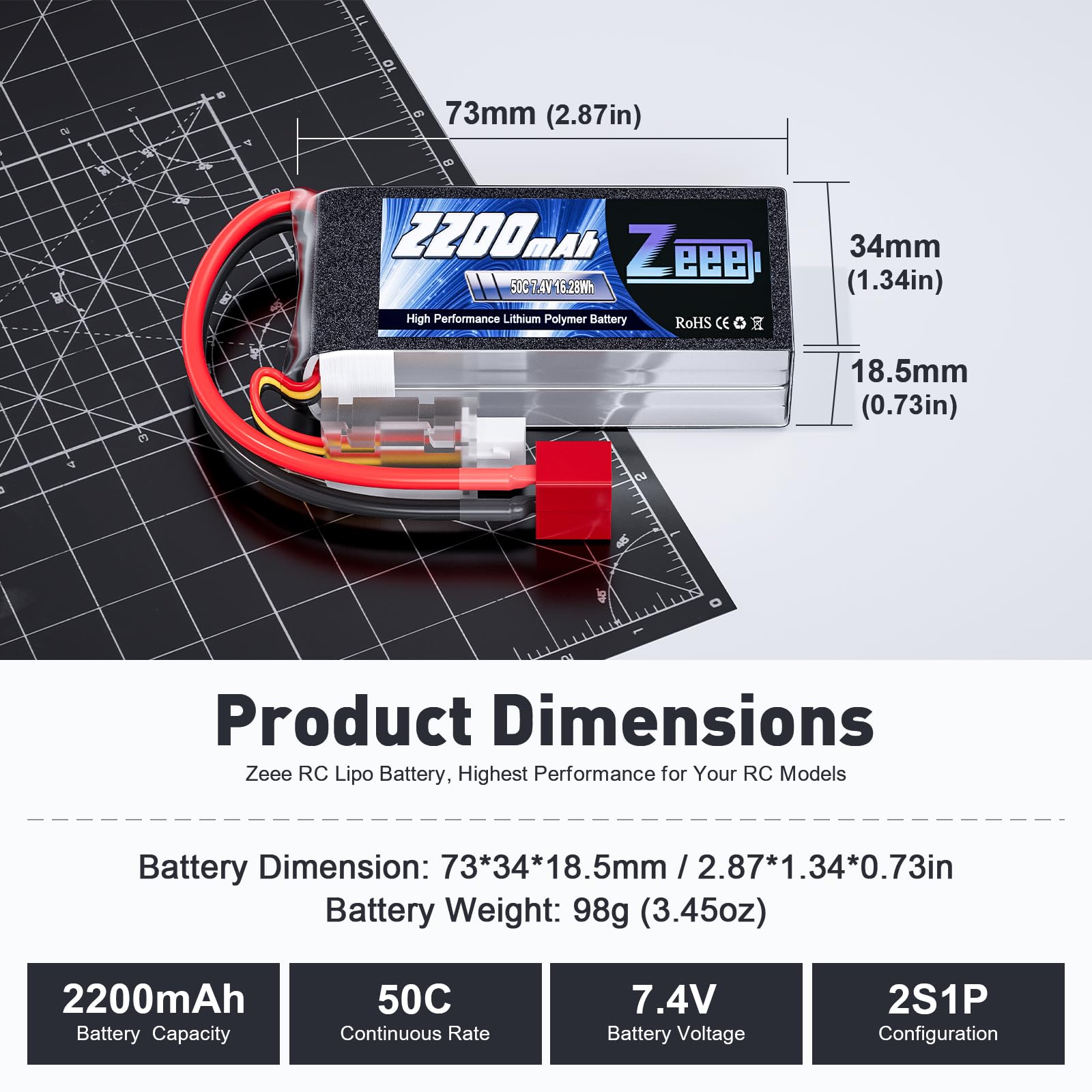 Zeee 2S 2200mAh shorty LiPo with T Connector for RC trucks, stable performance.