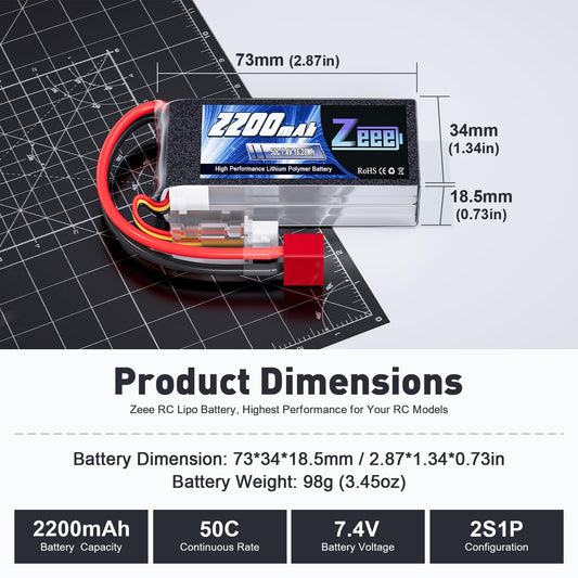 Zeee 2S 2200mAh shorty LiPo with T Connector for RC trucks, stable performance.