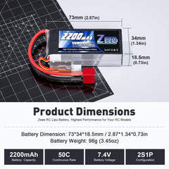 Zeee 2S 2200mAh shorty LiPo with T Connector for RC trucks, stable performance.