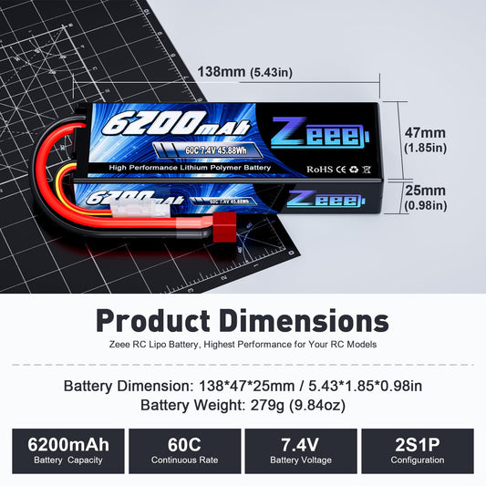 Zeee 2S 6200mAh battery dimensions show 138x47x25mm for precise fit