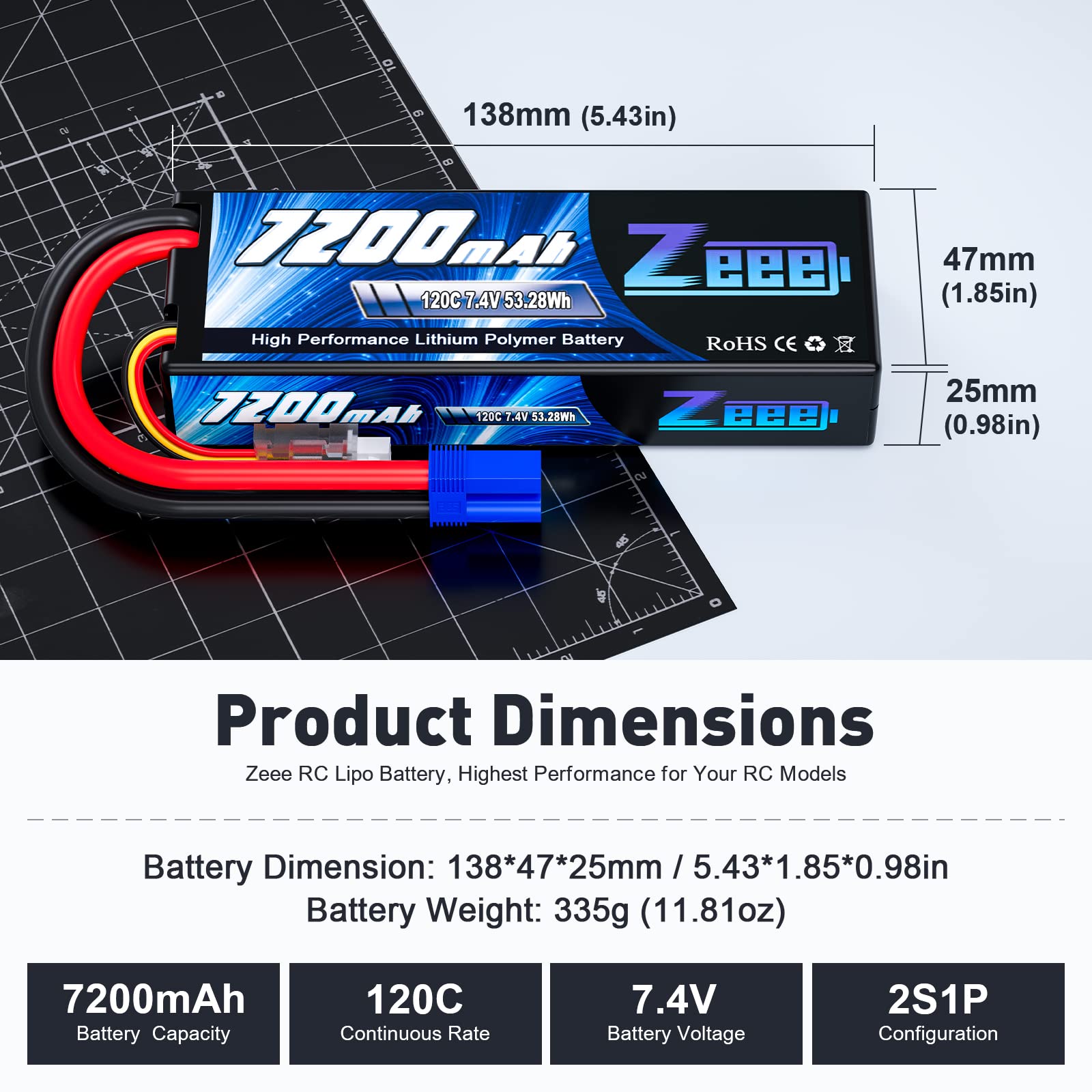 Zeee 2S 7200mAh LiPo battery dimensions show compact size