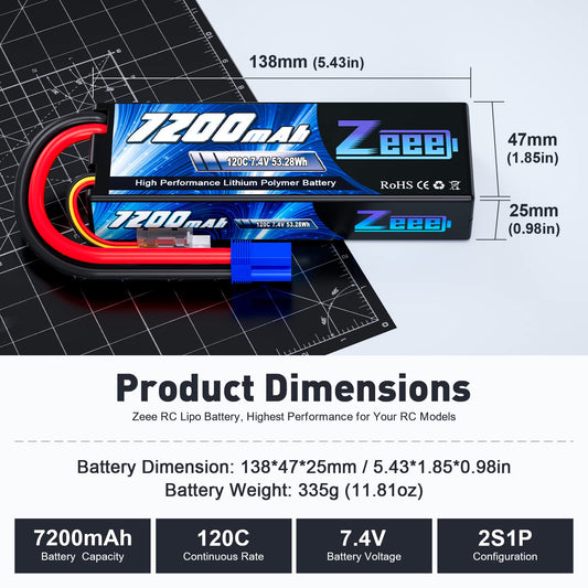 Zeee 2S 7200mAh LiPo battery dimensions show compact size
