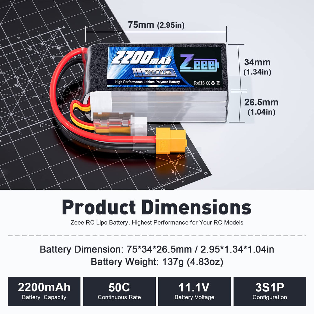 Zeee 3S 2200mAh battery compact size 75x34x26.5 mm fits tight RC spaces.