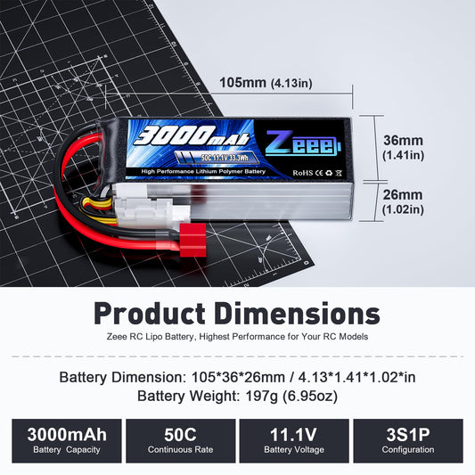 Zeee 3S 3000mAh LiPo compact dimensions 105x36mm