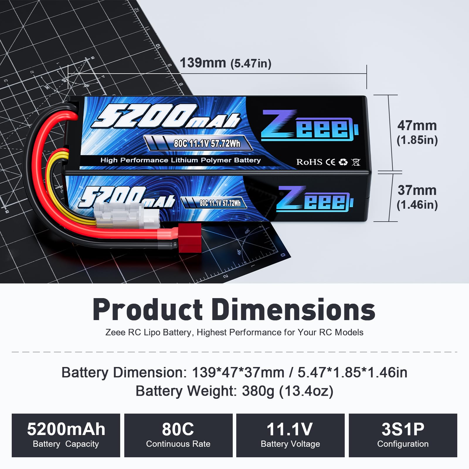 Zeee 3S 5200mAh 11.1V battery side profile for stable power delivery.