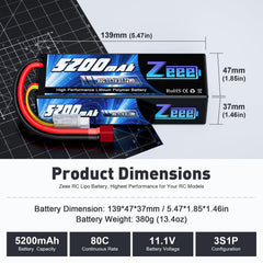Zeee 3S 5200mAh 11.1V battery side profile for stable power delivery.