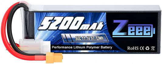 Zeee 3S 5200mAh battery with XT60 connector close-up, versatile for RC builds.