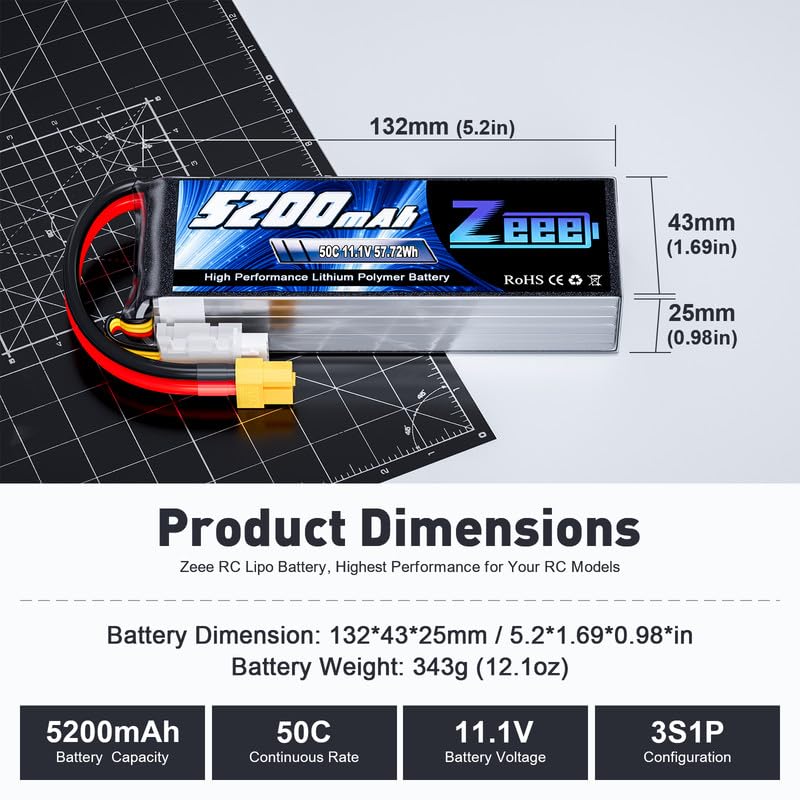 Zeee 5200mAh dimensions shown for precise fit in 1/10 scale models.