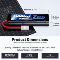 Zeee battery closeup with Tamiya plug highlighting durable NiMH cells for reliability