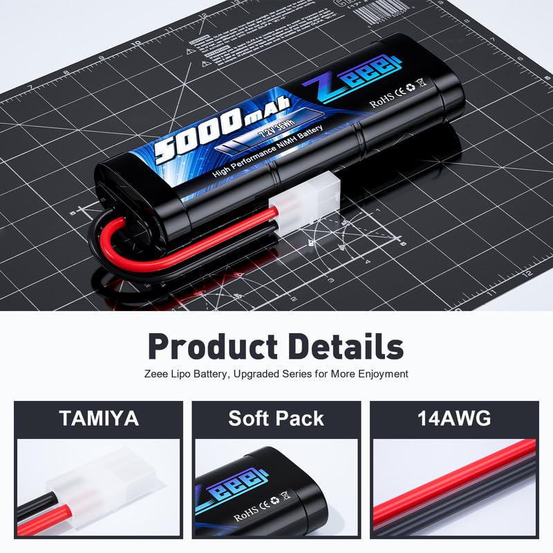 Zeee 7.2V battery dimensions highlighted for precise RC model fit