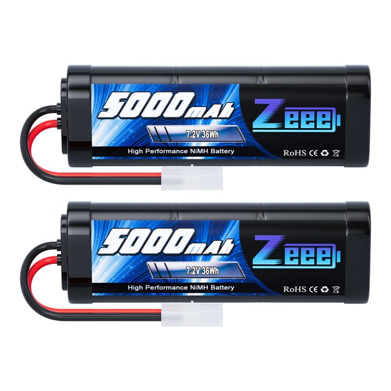 Zeee 7.2V 5000mAh NiMH battery with Tamiya plug, side view showing compact 6-cell pack for RC power