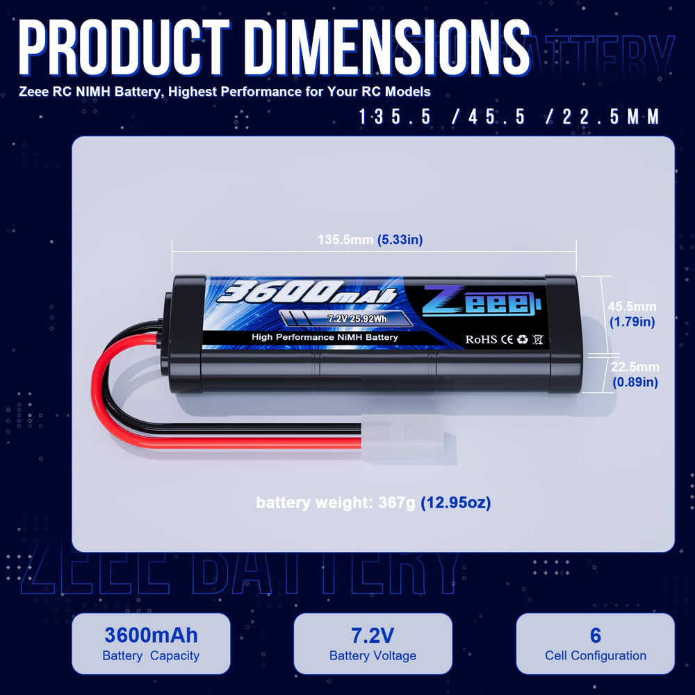 Zeee 3600mAh RC battery supports long run times across vehicles.