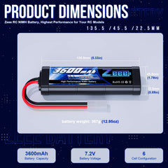 Zeee 3600mAh RC battery supports long run times across vehicles.