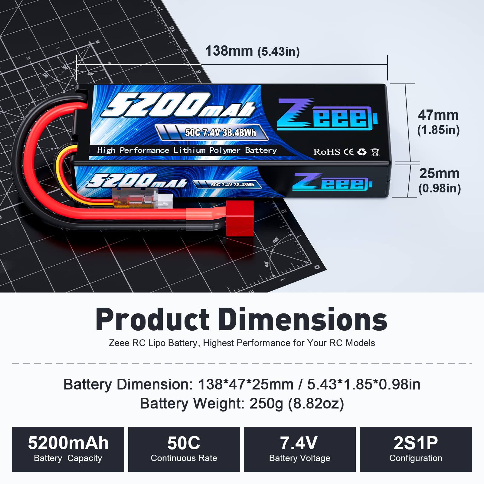 Zeee LiPo battery with T Connector for reliable RC connections