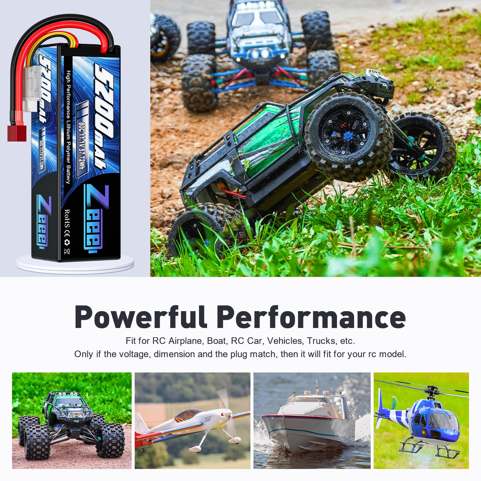 Zeee 3S 5200mAh battery in RC car use shows versatile application.
