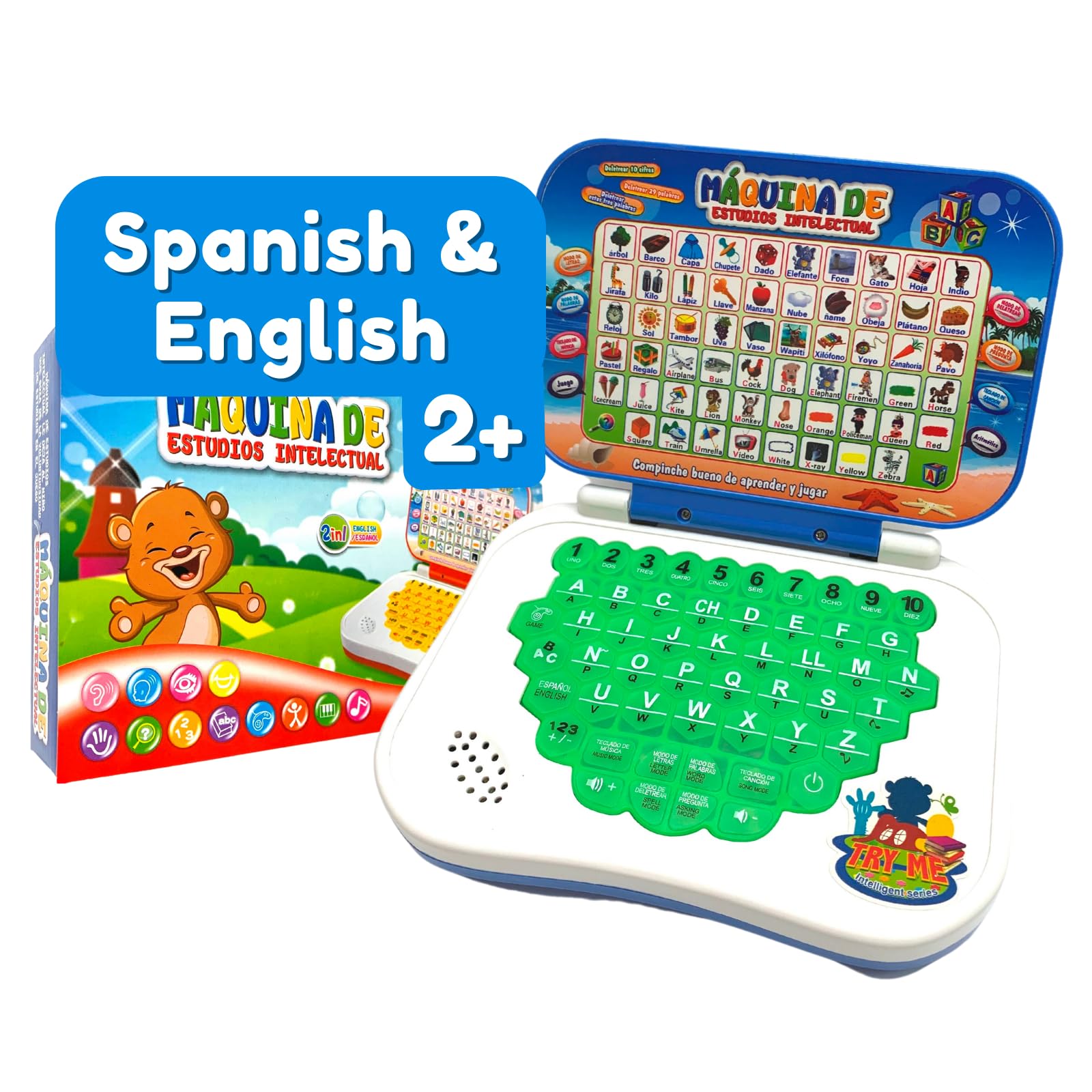 ZEENKIND Spanish-English toy laptop front view showing bilingual learning design