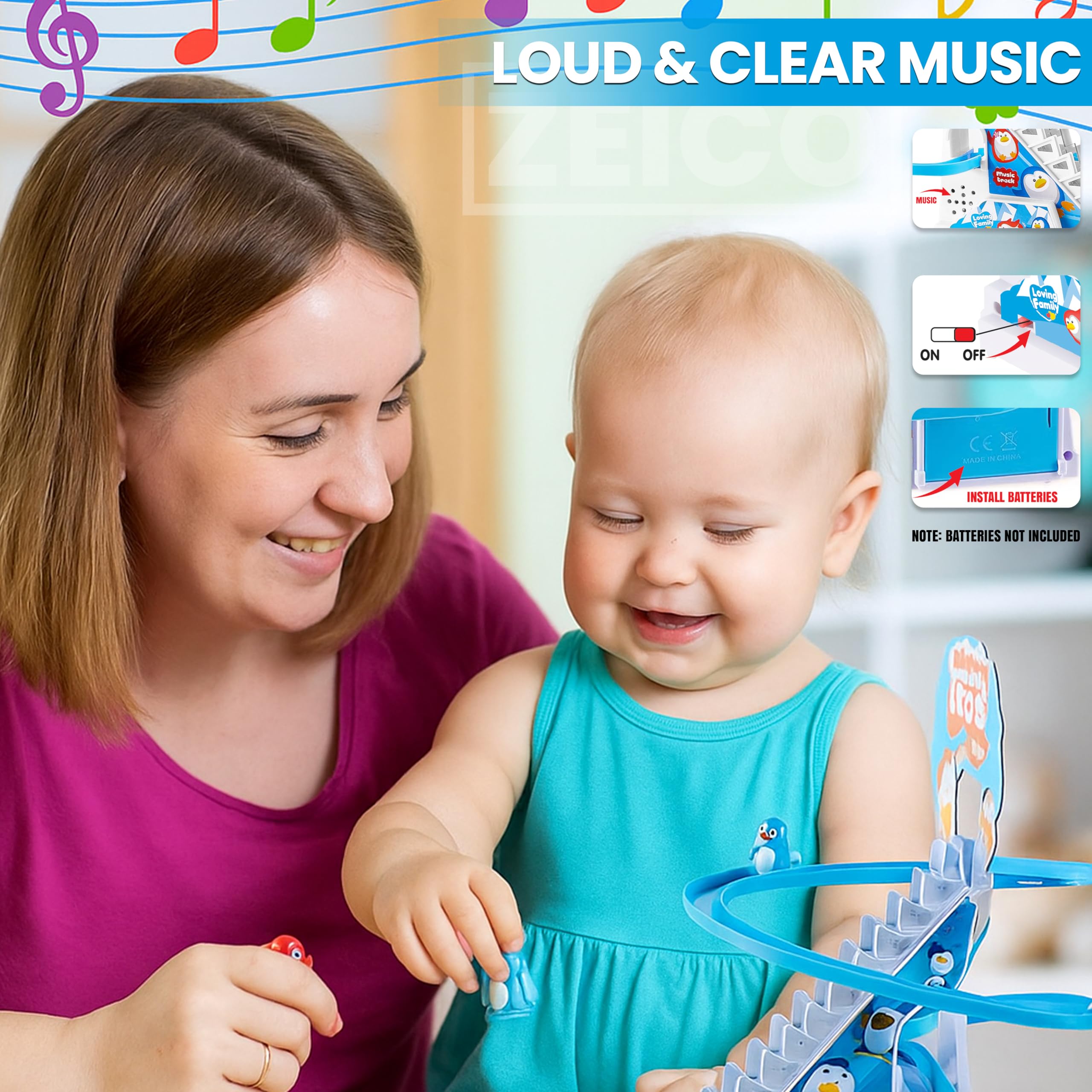 ZEICO penguin slide toy set quiet mode supports peaceful play sessions.
