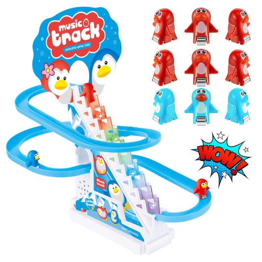ZEICO penguin slide toy set with stair-climbing tracks boosts imaginative play and coordination.