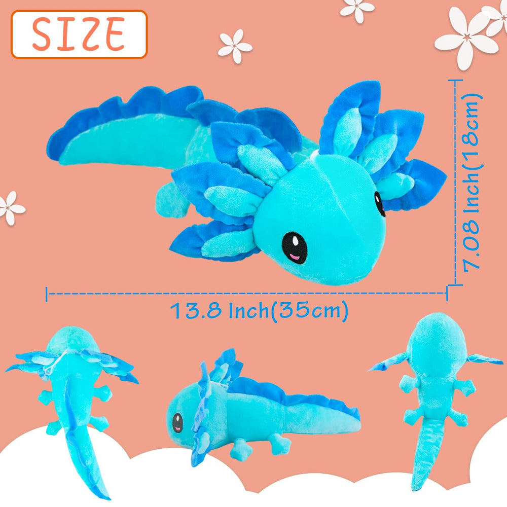 ZEKLZD axolotl plush blue black side view, a soft companion for decor and play.