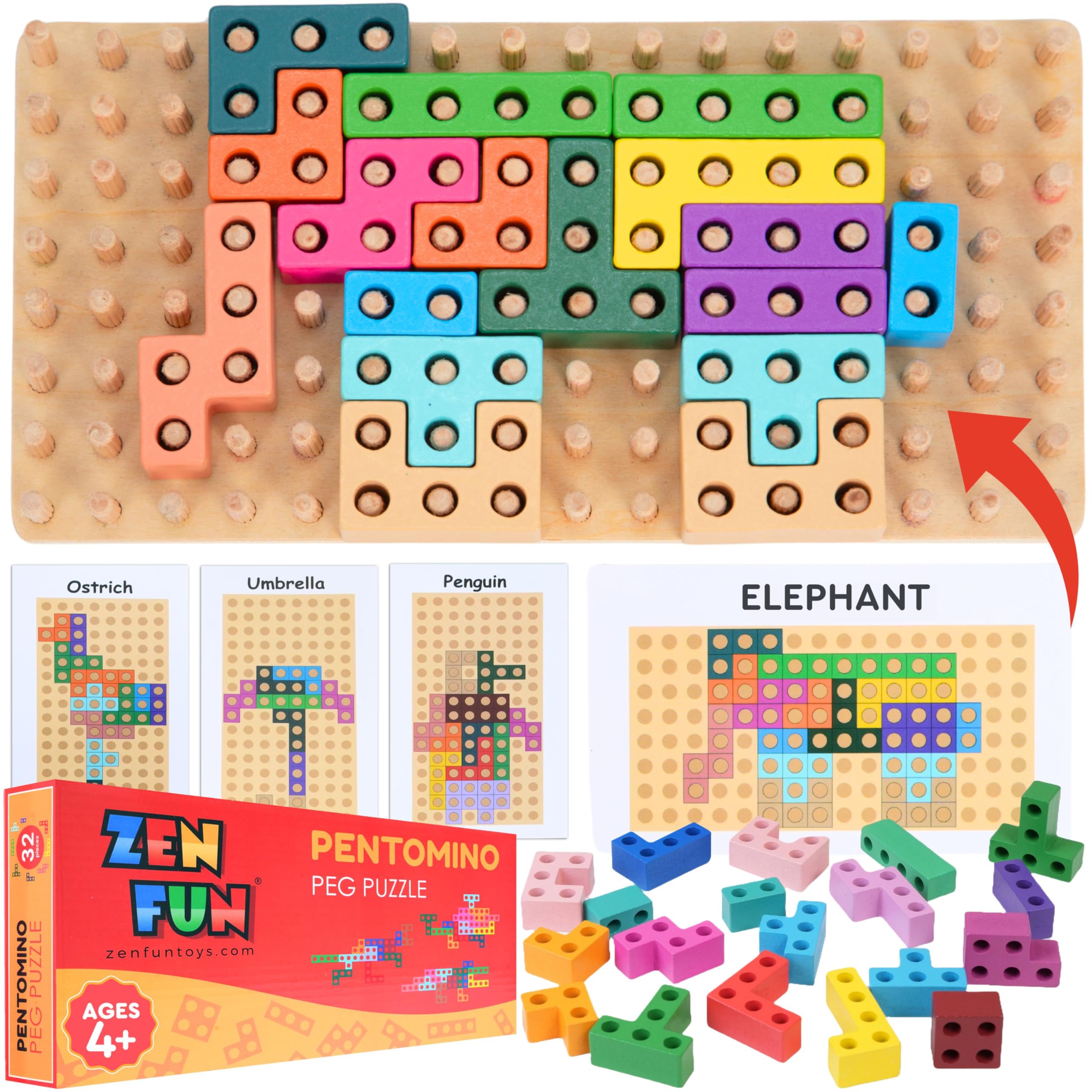 Zen Fun animal block puzzle cards show 60 designs for creative matching and pattern recognition.