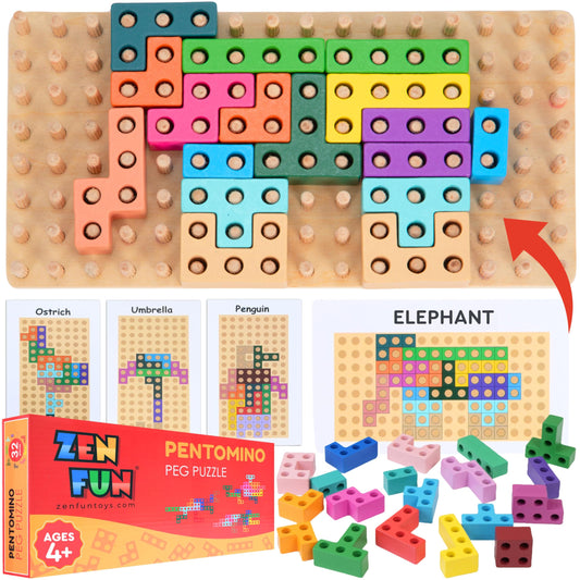 Zen Fun animal block puzzle cards show 60 designs for creative matching and pattern recognition.