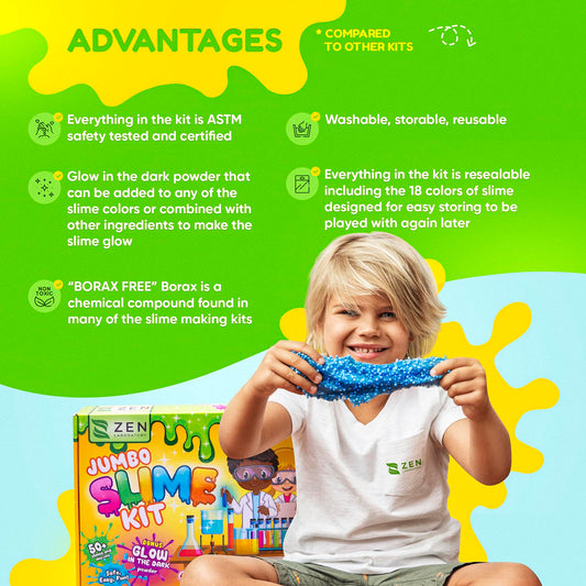 Zen Laboratory slime supplies display with 18 colors ready for mixing