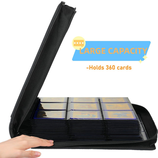 Zenacce binder interior displays 360 toploaders on double-sided pages.