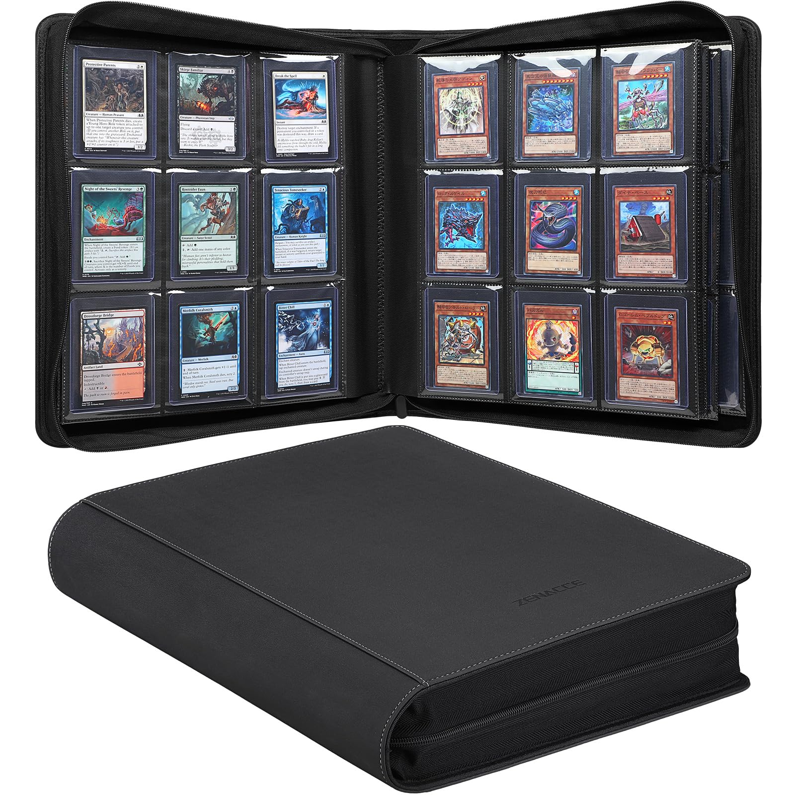 Zenacce 9-pocket binder close-up shows durable PU leather and protective zipper.