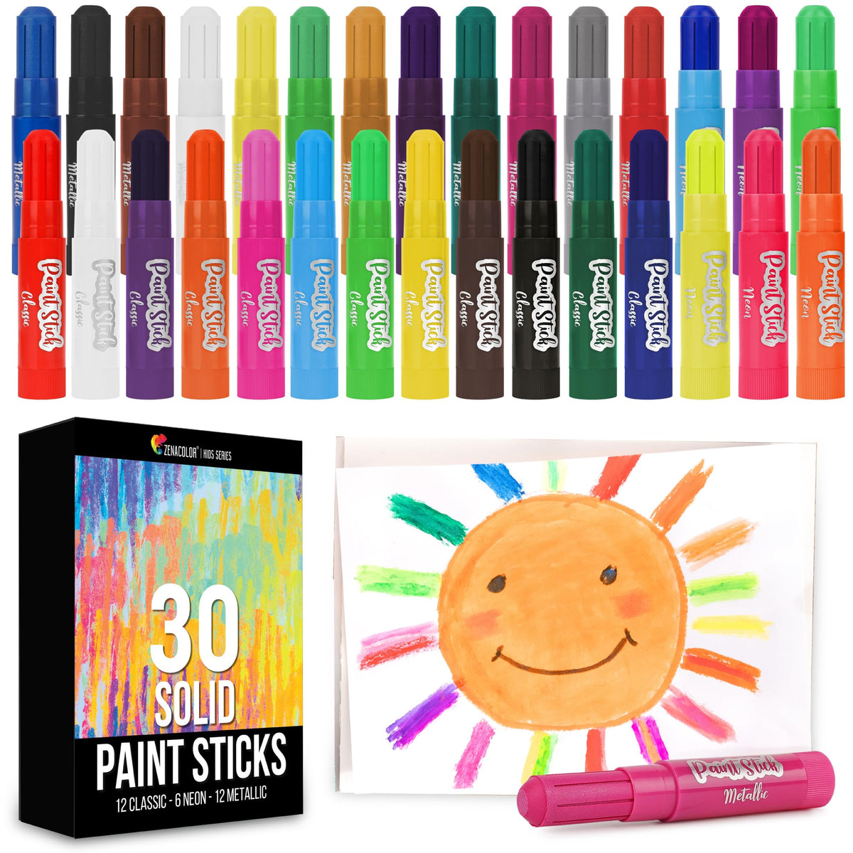 Zenacolor tempera paint sticks close-up showing vibrant colors for kids’ crafts