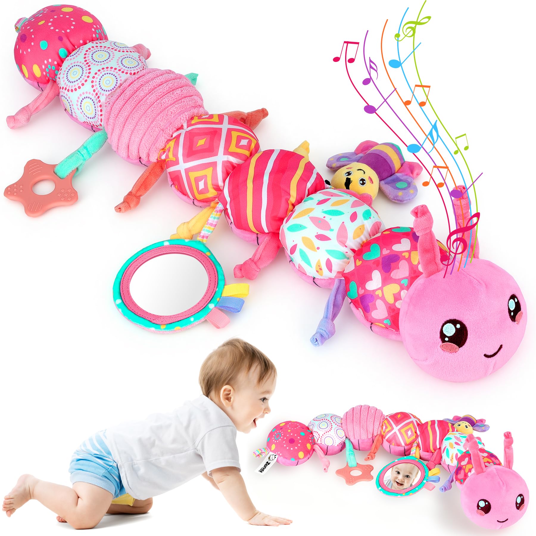 Zendstanding 6-in-1 sensory caterpillar front view highlights plush textures for tactile play.