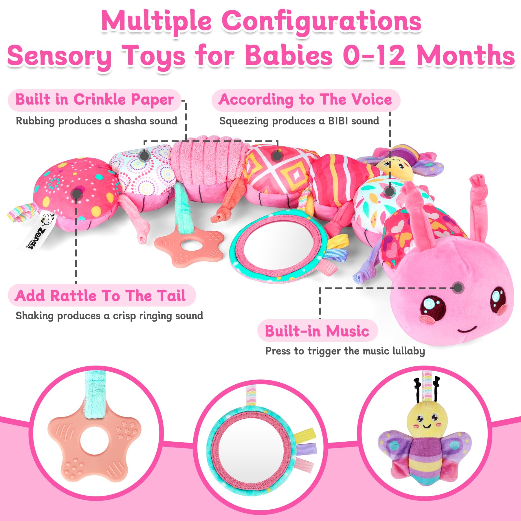 Zendstanding baby mirror on caterpillar demonstrates self-recognition during play.