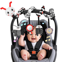 Zendstanding car seat toys with high-contrast spiral pendants for newborn visual engagement.