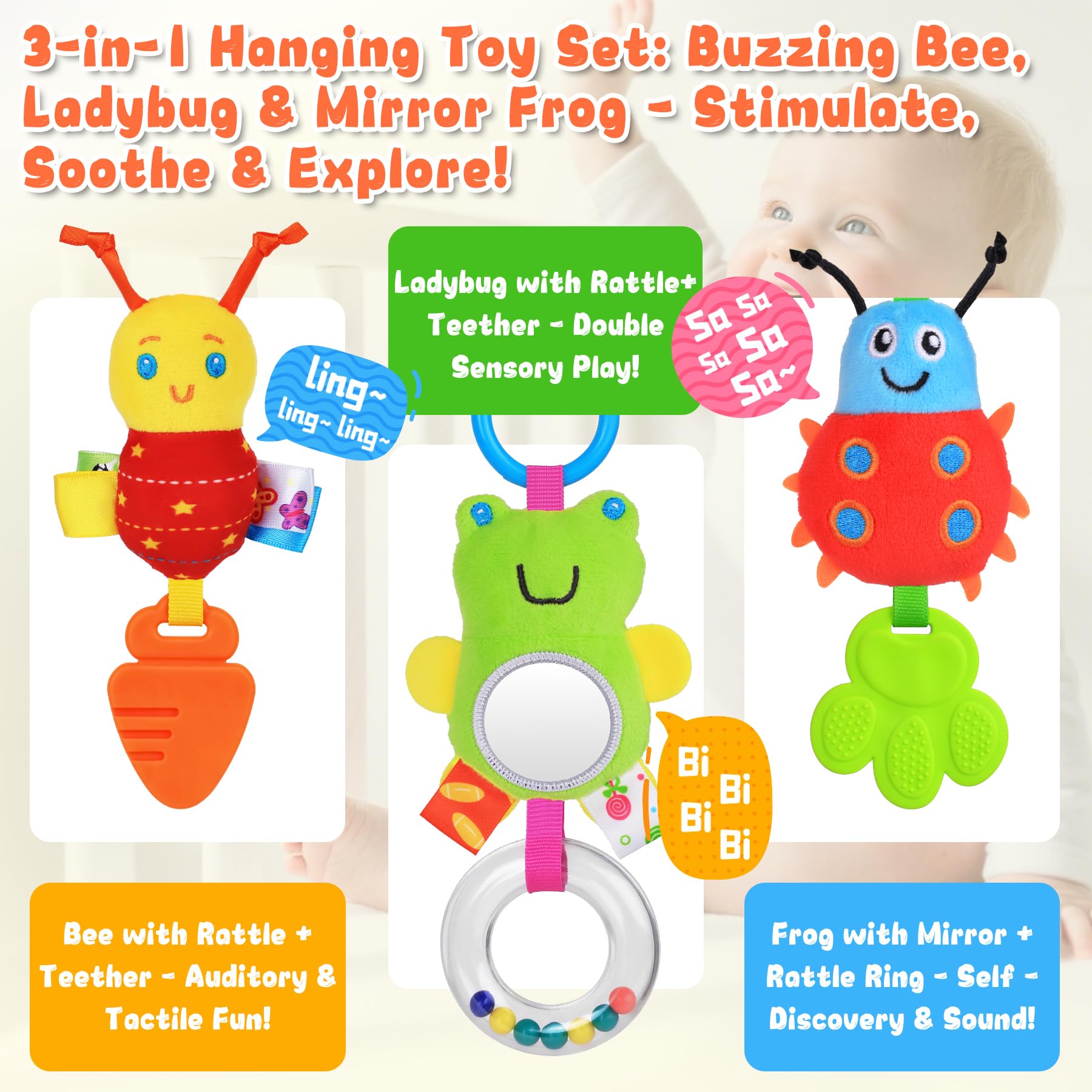 Zendstanding spiral with elastic attachment secures toys on car seats or strollers