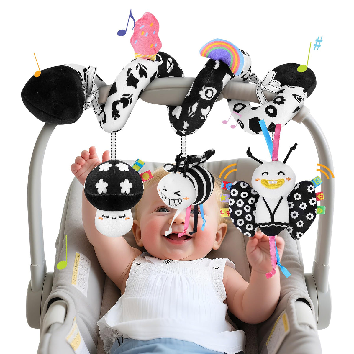 Zendstanding spiral toy with high-contrast patterns to engage newborn visual development during strolls