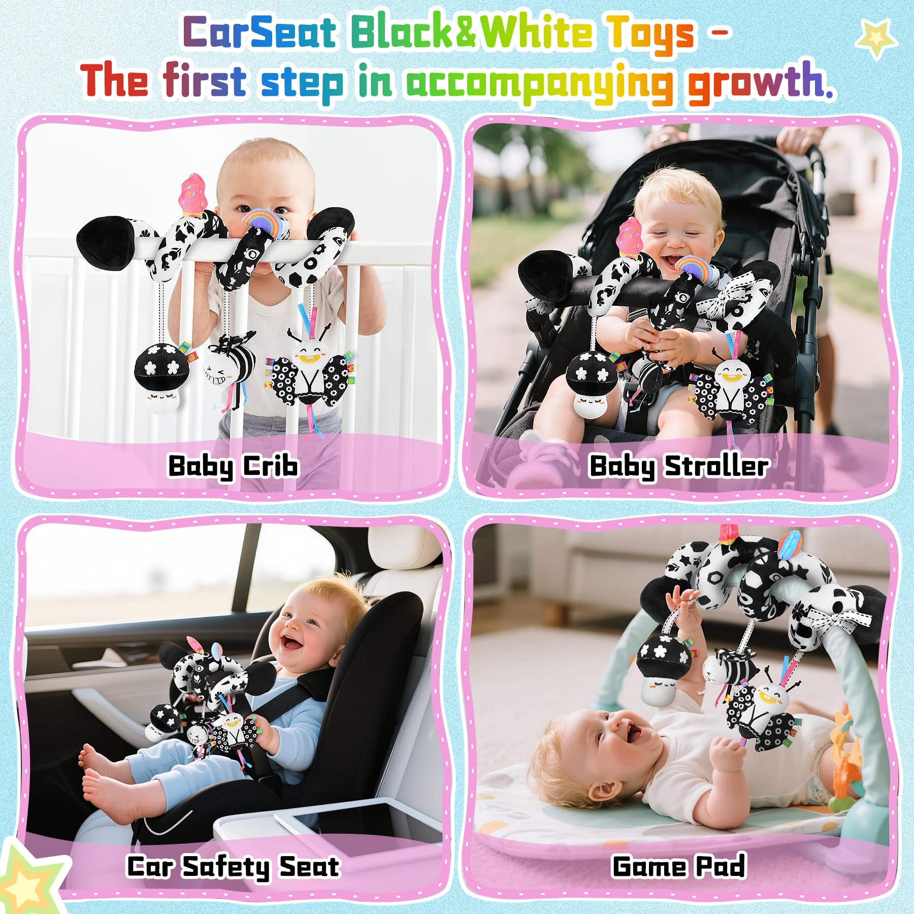 Zendstanding spiral mounting showing secure on stroller or car seat for travel