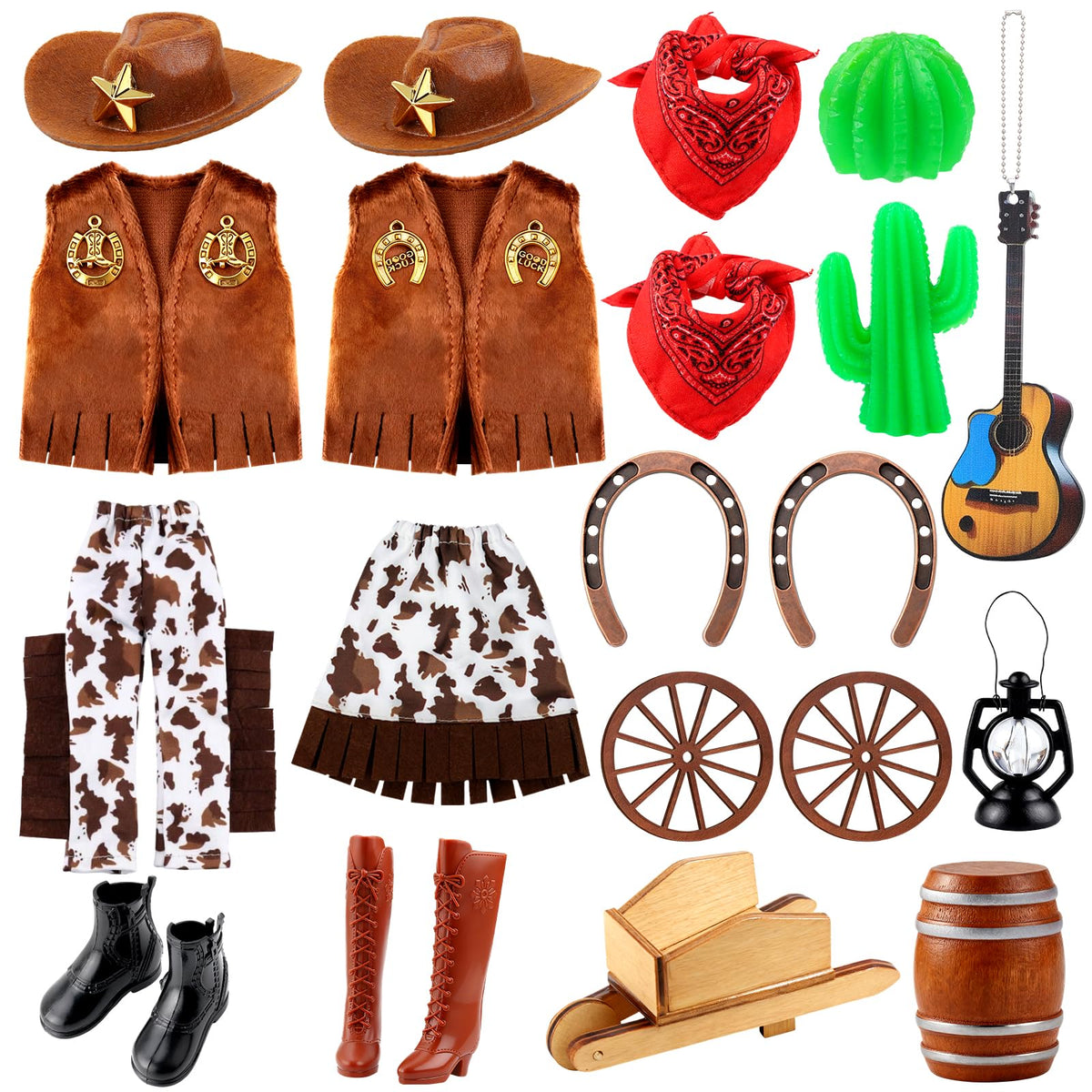 Zenoble Christmas elf cowboy costume kit full ensemble for festive role-play and display.