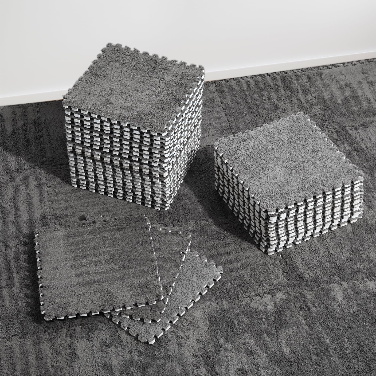 ZENOWICK plush interlocking tile close-up shows soft velvet surface for safe toddler play.
