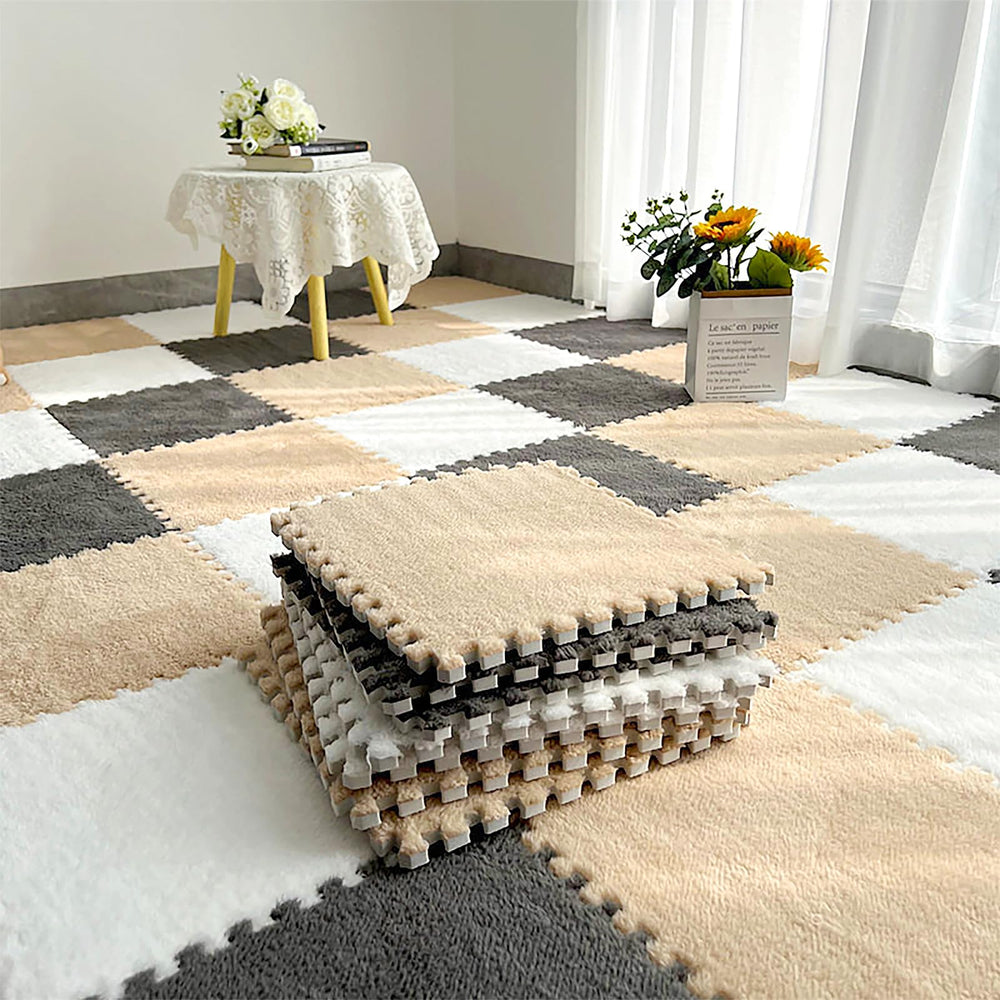 Zenowick plush interlocking nursery tiles in grey offer a cushioned, safe play surface.