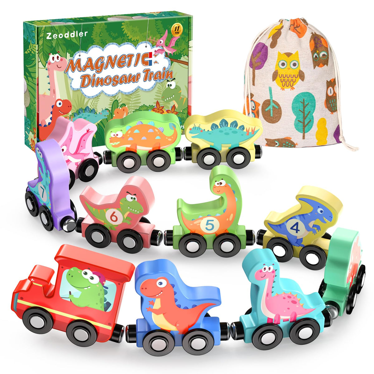 Zeoddler magnetic dinosaur train engine with smooth wood and safe finish for toddlers.