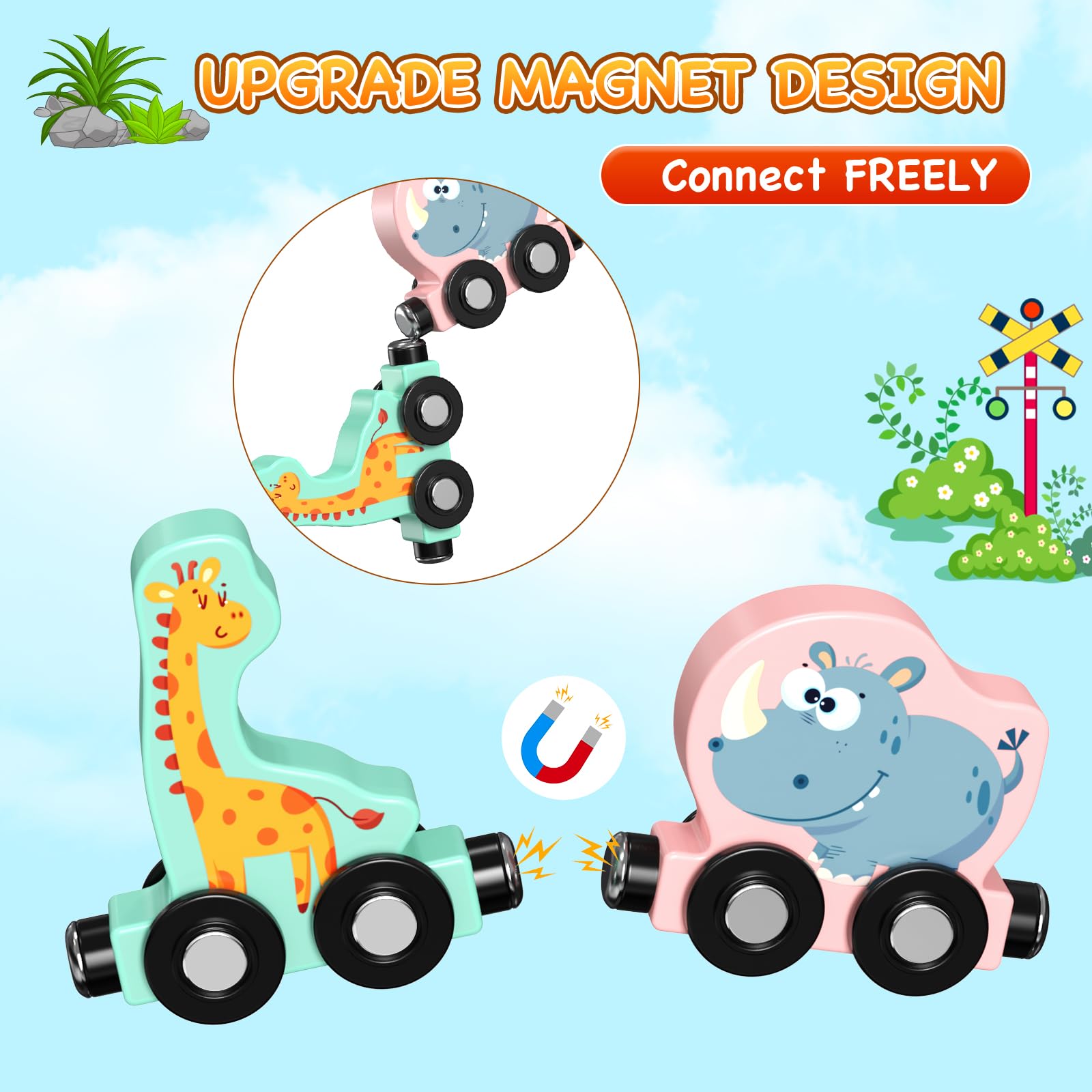 Zeoddler magnetic train pieces with connectors for easy assembly