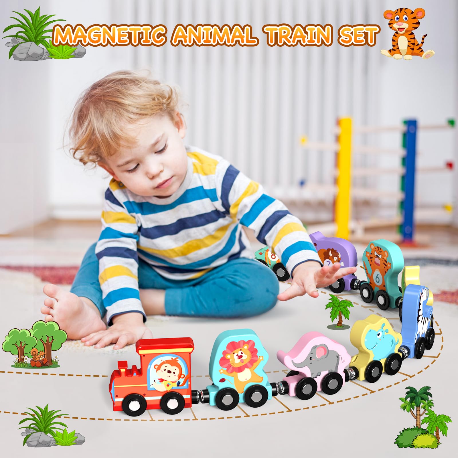 Zeoddler magnetic wooden train cars with animals for imaginative play