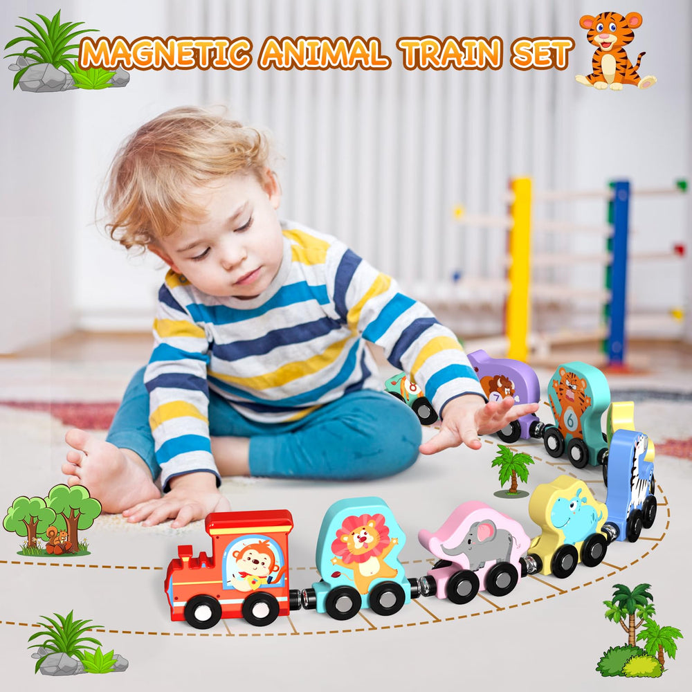 Zeoddler magnetic wooden train cars with animals for imaginative play