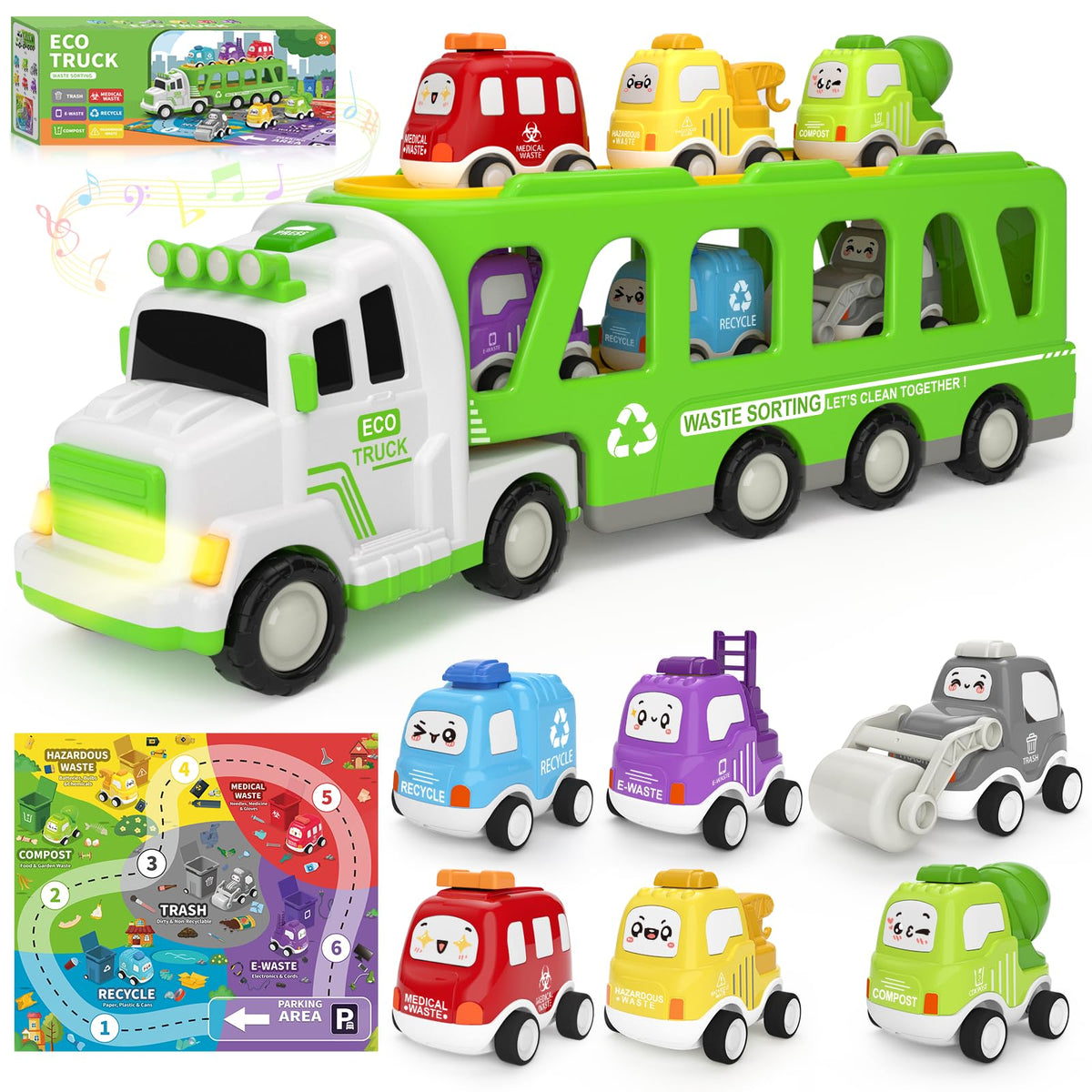 ZERDROFY 7-in-1 toddler truck carrier scene shows educational play and multi-vehicle fun