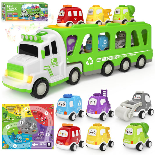 ZERDROFY 7-in-1 toddler truck carrier scene shows educational play and multi-vehicle fun