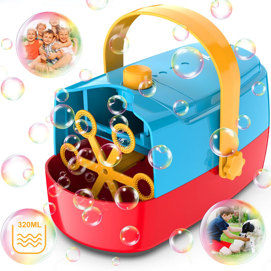 Zerhunt bubble machine with six wands creating vibrant bubbles for a kids' party