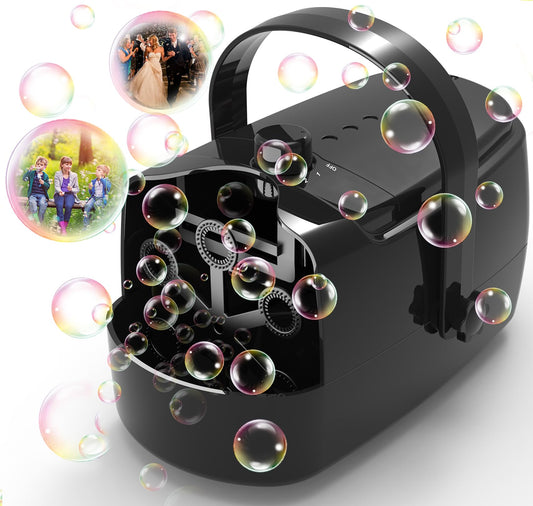 Zerhunt Bubble Machine front view creating colorful bubbles for kids.