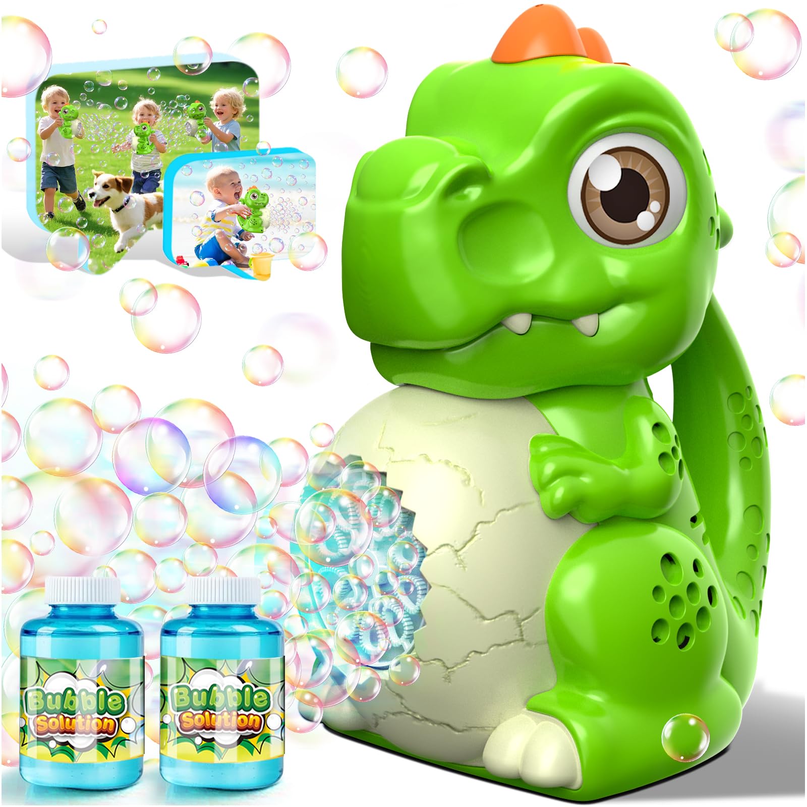Zerhunt T-Rex bubble machine for outdoor play with colorful bubbles