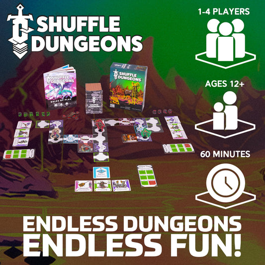 Zero Strategy Games Shuffle Dungeons showing double-sided cards that reveal rooms or gear.