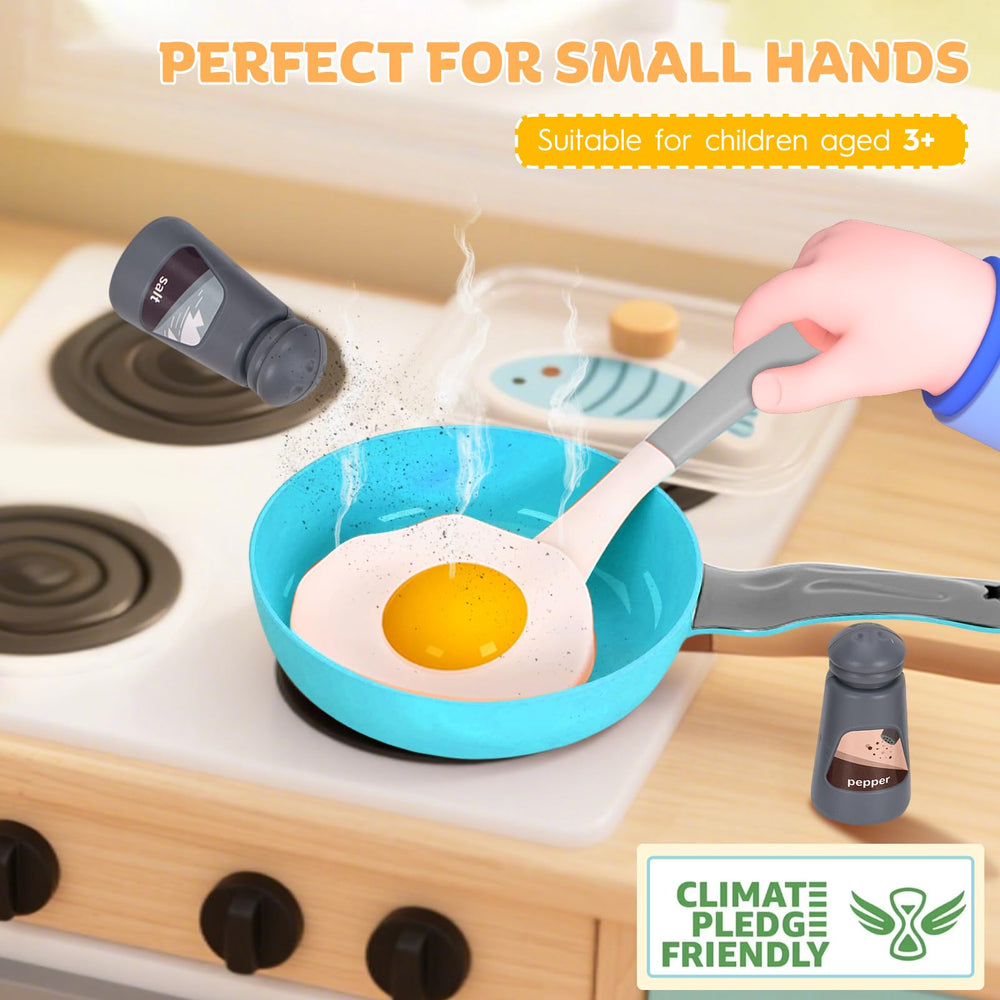 Zero Zoo turquoise pots and pans showcase realistic cookware for visually engaging pretend cooking.