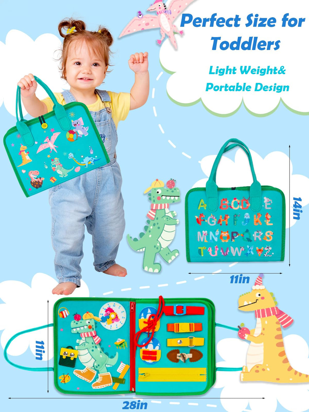 ZEROMX Busy Board with dinosaur backpack buckle for independent dressing skills